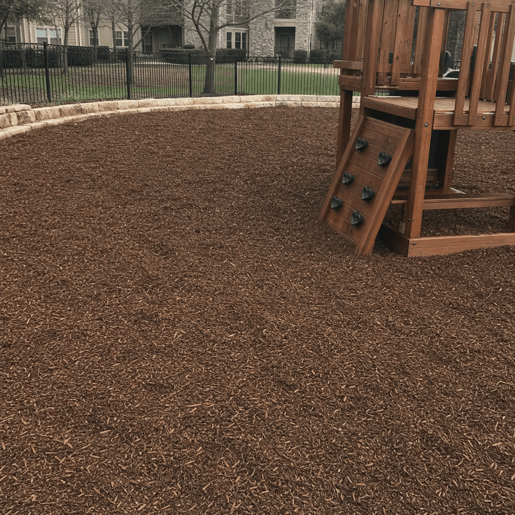 A playground fall zone freshly surfaced with engineered wood fiber